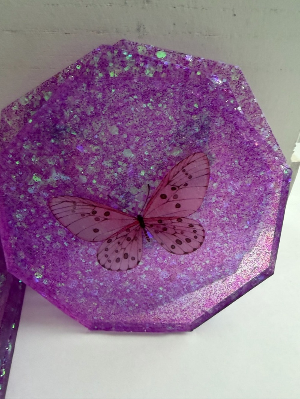 Handmade Purple Glitter Butterfly Coasters - Set of 5 - Picture 3 of 9